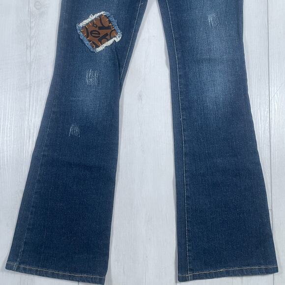 Vintage Bebe Y2k Low Rise Size 31 Flare Jeans Patchwork Rhinestone Distressed - Picture 3 of 16